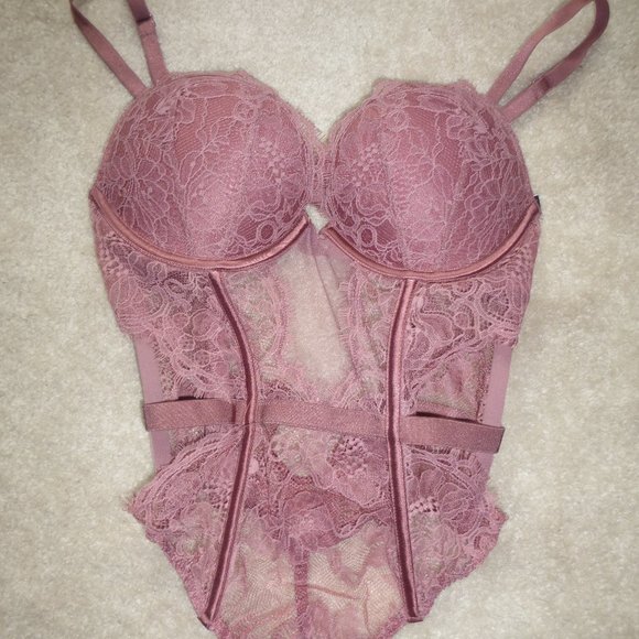 VICTORIA'S SECRET rosy pink "add 2 cups" lace lingerie teddy bodysuit - Picture 2 of 13